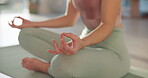 Woman, hands and meditation on floor in studio for mindfulness, balance and mental health awareness. Peace, zen and female person with chakra healing for holistic, connection and self care on mat