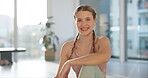 Indoor, face and woman with smile for yoga, confidence or relax on break before next session. Mindfulness center, female yogi or coach with pride for wellness, personal growth or meditation for peace