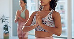 Class, meditation and people for yoga with praying hands, holistic and inner peace with breathing indoor. Mindfulness center, women yogi and namaste for wellness, mental health or healing with calm