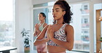 Class, meditation and women for yoga with praying hands, holistic and inner peace with breathing indoor. Mindfulness center, females yogi and namaste for wellness, mental health or healing with calm