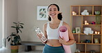 Happy woman, face and yoga mat with water bottle, zen and peace for physical activity in home. Female person, pilates and excited for balance, practice or wellness with pride, confidence and health