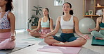 Class, meditation and women for yoga with chakra, holistic and inner peace with breathing indoor. Mindfulness center, females yogi and zen hands for wellness, mental health and healing with calm
