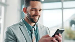 Smile, typing and man with cellphone in office, research or social media for planning or online. Communication, digital and reading of message for project, investor or employee in company with mobile