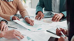 Business people, hands and meeting with documents for analytics, corporate growth or statistics at office. Group of employees in team discussion with paperwork for company analysis at workplace