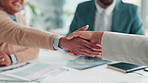 Meeting, business people and handshake in office for mediation, agreement or greeting. Professional, human resources and employees shaking hands for settlement, conflict resolution or formal apology