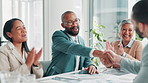 Recruitment, business people and handshake in office for onboarding, congratulation or applause. Diversity, human resources and candidate shaking hands for company promotion, hiring or employment
