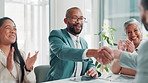 Job interview, business people and handshake in office for onboarding, congratulation or applause. Diversity, human resources and candidate shaking hands for company promotion, hiring or employment