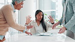 Woman, multitasking and busy people in boardroom, overwhelmed and business collaboration in office. Overworked, task management and stressful workload for burnout, meeting and chaos with employees