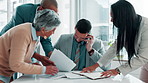 Businessman, documents and overworked in time lapse, stress or anxiety from multi tasking at office. Busy man, workplace chaos and paperwork or proposal from group of employees for project deadline