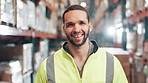 Happy man man, warehouse and face with smile with cargo supply, freight or shipping storage. Portrait, courier company or factory worker with confidence from wholesale supplier management in plant