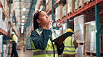 Counting, stock or storage and woman with tablet in warehouse for commercial shipping or distribution. Delivery, ecommerce and inspection with employee in supply chain facility for online logistics