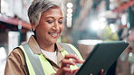 Stock, storage and mature woman with tablet in warehouse for commercial shipping or distribution. Cargo, inspection and smile with happy logistics employee in supply chain facility for online order