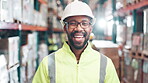 Happy black man, warehouse and face laughing with cargo supply, freight or shipping storage. Portrait, courier company and proud factory worker with smile or confidence in wholesale supplier in plant