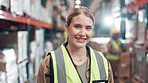 Production, warehouse and face of happy woman with cargo supply, freight or shipping storage. Portrait, courier company or proud factory worker with smile or confidence in wholesale supplier in plant