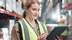 Typing, online and woman with tablet, warehouse and happy with inspection of stock and checklist. Smile, understanding and reading of email for logistics, app and planning for shipping of cargo