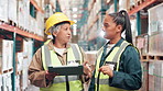 Manager, tablet and training woman in warehouse for logistics with group, planning and check inventory. People, women or leader on touchscreen on app for supply chain, inspection or stock in factory