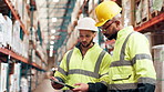 Logistics, discussion and men in warehouse with tablet for online schedule, inspection or distribution management. Teamwork, planning and people in factory with digital app for supply chain checklist