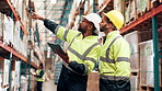 Storage, tablet or men planning in warehouse for logistics to check safety, manufacturing or order. Inventory, pointing or teamwork on touchscreen app for supply chain, inspection or stock in factory