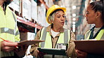 Logistics, teamwork and tablet with planning in warehouse for inspection, freight distribution or service delivery. Factory, supervisor and stock checklist for inventory management and staff training