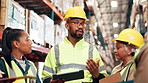 Logistics, team and tablet with discussion in warehouse for inspection, storage control and service delivery. Planning, supervisor or stock checklist for inventory management and freight distribution