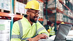 Warehouse, logistic or man with laptop for service, inventory or track transportation for supply chain. Factory, male manager or scroll on digital for stock management, production or working progress