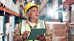 Mature woman, manager and tablet at warehouse for digital stocktake, counting and manufacturing. Female person, supervisor and check information on supply chain, product and material for distribution