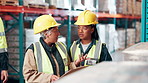 Logistics, discussion and women in warehouse with checklist, inspection or inventory management. Teamwork, planning and people in plant with clipboard for quality control in supply chain distribution