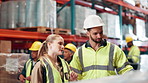 Storage, inspection or people planning in factory for logistics to check safety, manufacturing or order. Inventory, labor or foreman talking to woman for supply chain, teamwork or stock in warehouse