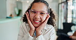 Child, girl and happy with glasses for eye care in store with laughing, excited or blowing kiss for prescription lens. Optometry, kid or portrait with eyewear, spectacles and new frame for healthcare