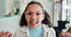 Child, girl and excited with glasses for eye care in store with playful, happy and inspection with prescription lens. Optometry, kid and portrait with eyewear, spectacles and new frame for healthcare