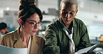 Tablet, discussion and business women with collaboration in office for creative project online. Advice, manager and graphic designer with digital technology for multimedia art feedback or review.