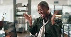 Happy, black woman and applause with laptop for promotion, winning or good news at office. Excited African, young female person or employee with smile, fist pump or computer for online offer or deal