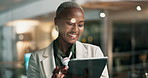 Tablet, night and business black woman in office for research project, website review and internet. Corporate worker, happy and person on digital tech for networking, planning and good news in email