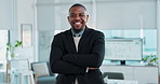 Portrait, confidence and happy black man in office for corporate job, business or pride. Face, arms crossed and African professional entrepreneur in suit, employee or funny investment broker laughing