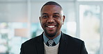 Portrait, business and happy black man in office for corporate job or opportunity. Face, laughing and professional entrepreneur in suit, employee and investment broker with expert experience in Kenya