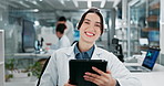 Portrait, woman and tablet as scientist in lab for experiment research, medical information and healthcare solution. Smile, researcher and digital for online studying, pharmaceutical and innovation