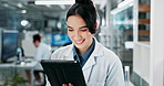 Woman, smile and tablet in laboratory for science, research and review or results in clinic. Future, internet and scientist or digital app for healthcare, development and reading or scroll for career
