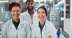 Portrait, smile and group of scientist in lab for medical research, experiment and collaboration of medicine study. Pride, employees and support for pharmaceutical development, advice and wellness