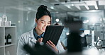 Happy, woman and tablet as scientist in lab for experiment research, medical information and healthcare solution. Smile, researcher and digital for online studying, pharmaceutical and innovation