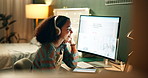 Girl, screen and student with headphones, computer and smile with happiness, education and sound. Apartment, person and headset with joy, pc and streaming music with internet, project and proposal