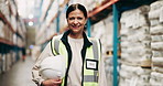 Logistics, mature woman and face in warehouse for inspection, stock control and supply chain management. Person, supervisor and portrait with helmet for leadership, factory storage and export safety