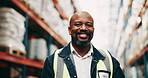 Logistics, mature man and face in warehouse for inspection, stock control and supply chain management. Professional, supervisor and portrait with helmet for maintenance, distribution or export safety