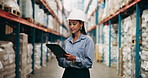 Warehouse, supply chain and woman with tablet, stock and inventory with internet, digital app and service. Trade, person and employee with tech, safety and quality assurance with logistics and eport