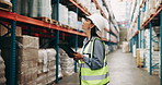 Warehouse, supply chain and woman with tablet, inventory and logistics with internet, digital app and service. Trade, person and employee with tech, safety policy or quality assurance with inspection