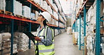 Warehouse, helmet and woman with tablet, stock and inventory with internet, digital app and safety. Trade, person and employee with tech, checklist and quality assurance with logistics and export