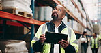 Logistics, inspection and black man in warehouse on tablet for stock control, export search or inventory management. Connection, distribution and person in factory on digital app for online checklist