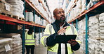 Logistics, inventory and black man in warehouse on tablet for stock list, inspection or project management. Supply chain, distribution and person in export factory on digital app for online checklist