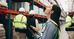 Warehouse, inspection and woman on tablet for shipping, delivery and online inventory in factory. Ecommerce, distribution and workers on digital tech with shelves for manufacturing and supply chain