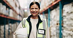 Logistics, mature woman and helmet in warehouse for inspection, stock control and supply chain management. Person, supervisor and portrait with laugh for leadership, factory storage and export safety