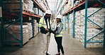 Business people, team and discussion with documents at warehouse for quality control, stock or logistics. Businessman and woman discussing paperwork for storage, supply chain or distribution at depot